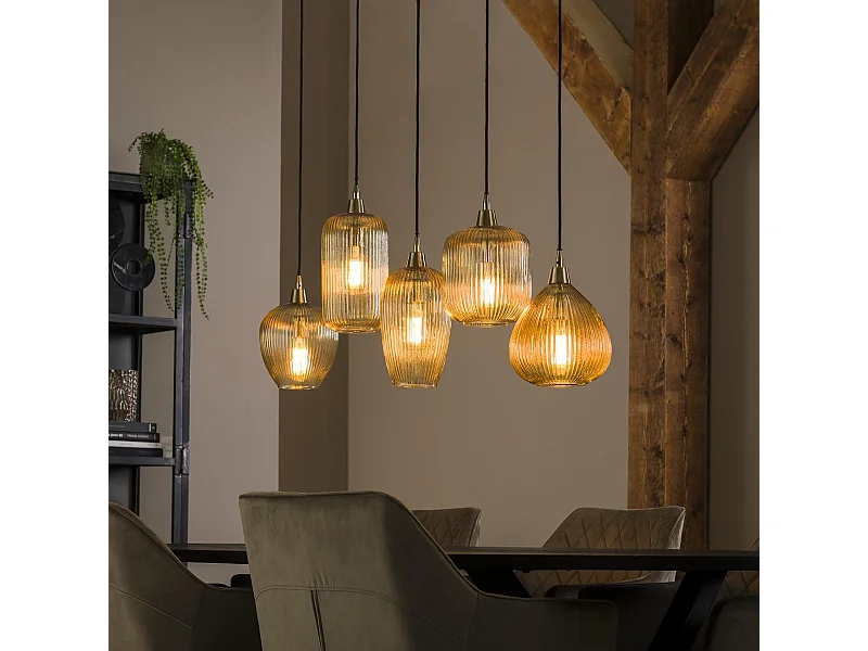 Hanglamp 5L Stripe Glass Mix - Amberkleurig Glas