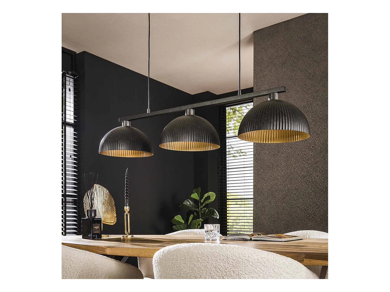 Pendelleuchte 3L Halbrunde Haube Rippe - Artic Black