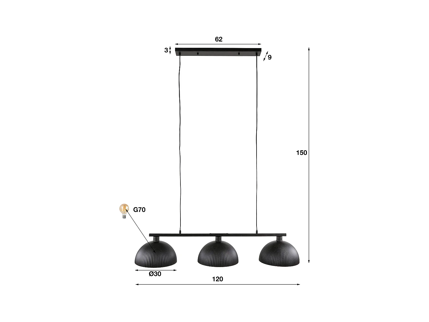 Pendelleuchte 3L Halbrunde Haube Rippe - Artic Black