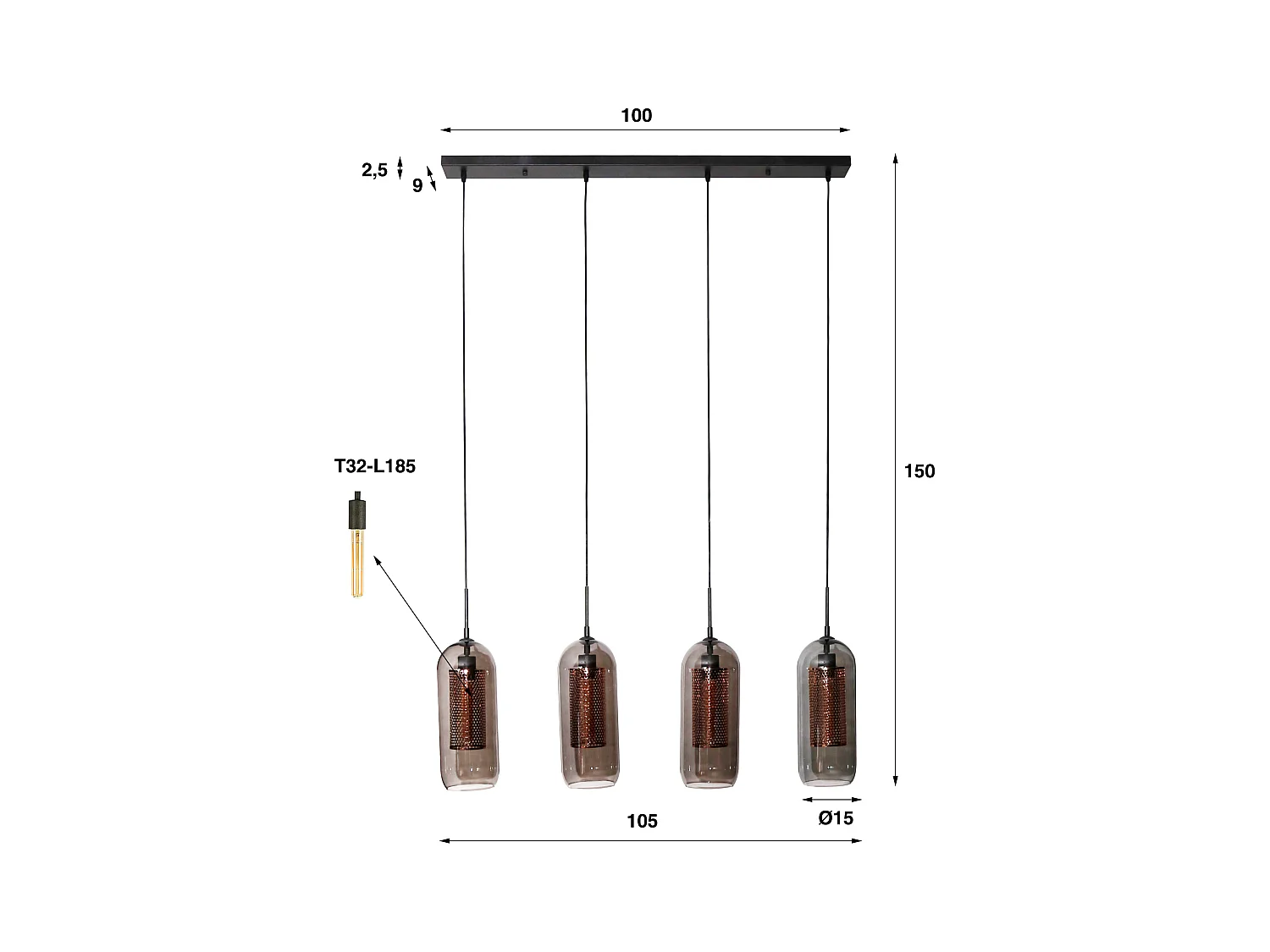 Pendelleuchte 4L Smoke - Glas-perforierter Stahl - Arctic Black