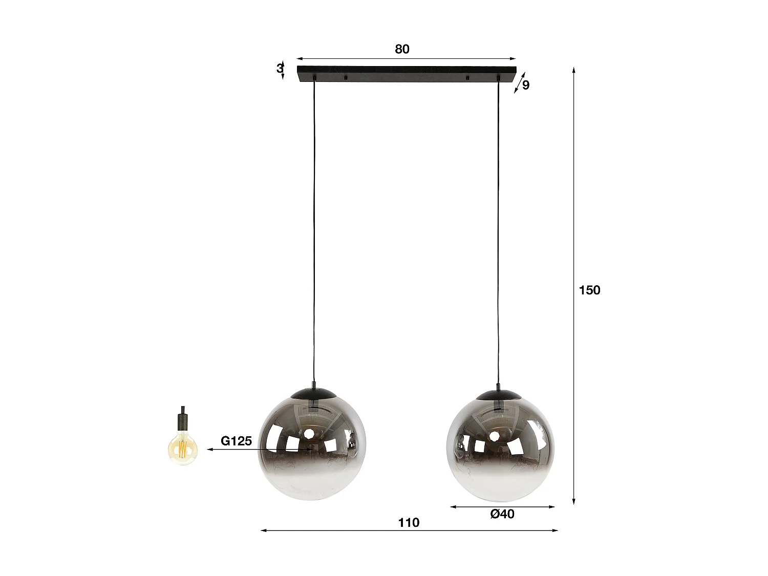 Hanglamp 2L Bubble Shaded XL - Artic Zwart