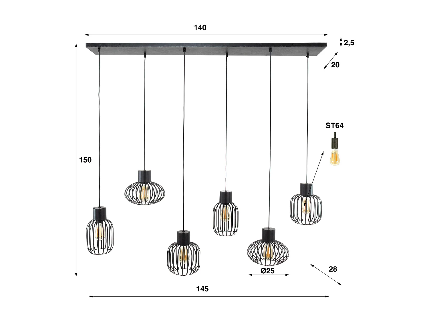 Suspension 3+3 Mix Métal - Gris foncé