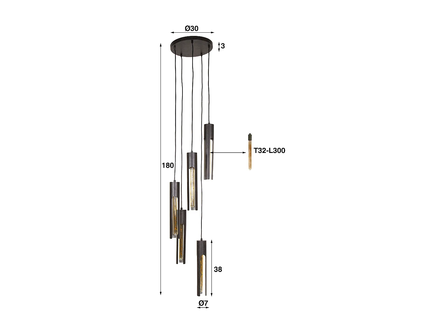 Hanglamp 5L Getrapt Tube - Artic Zwart