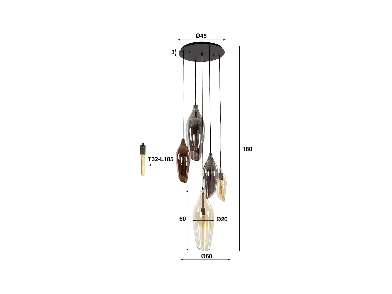 Pendelleuchte 5L Stepped Cocoon Mix Glas - Schwarz