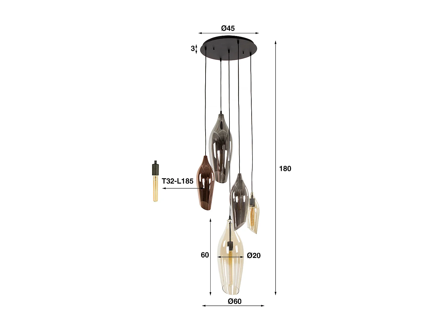 Hanglamp 5L Getrapt Cocoon Mix Glass - Zwart