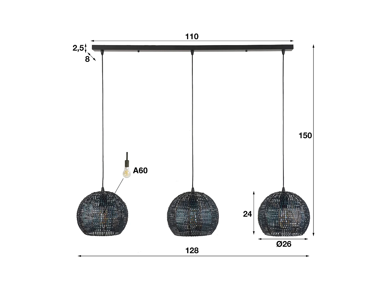 Lámpara colgante - 3 lámparas colgantes semicirculares de metal de Ø26 - Armadura - Acabado quemado