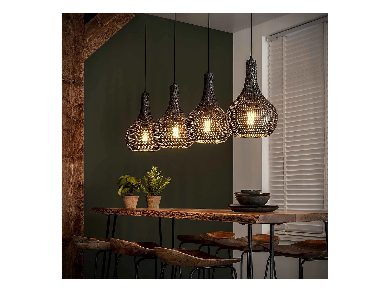 Suspension - 4 suspensions coniques en métal - Armure - Finition brûlée