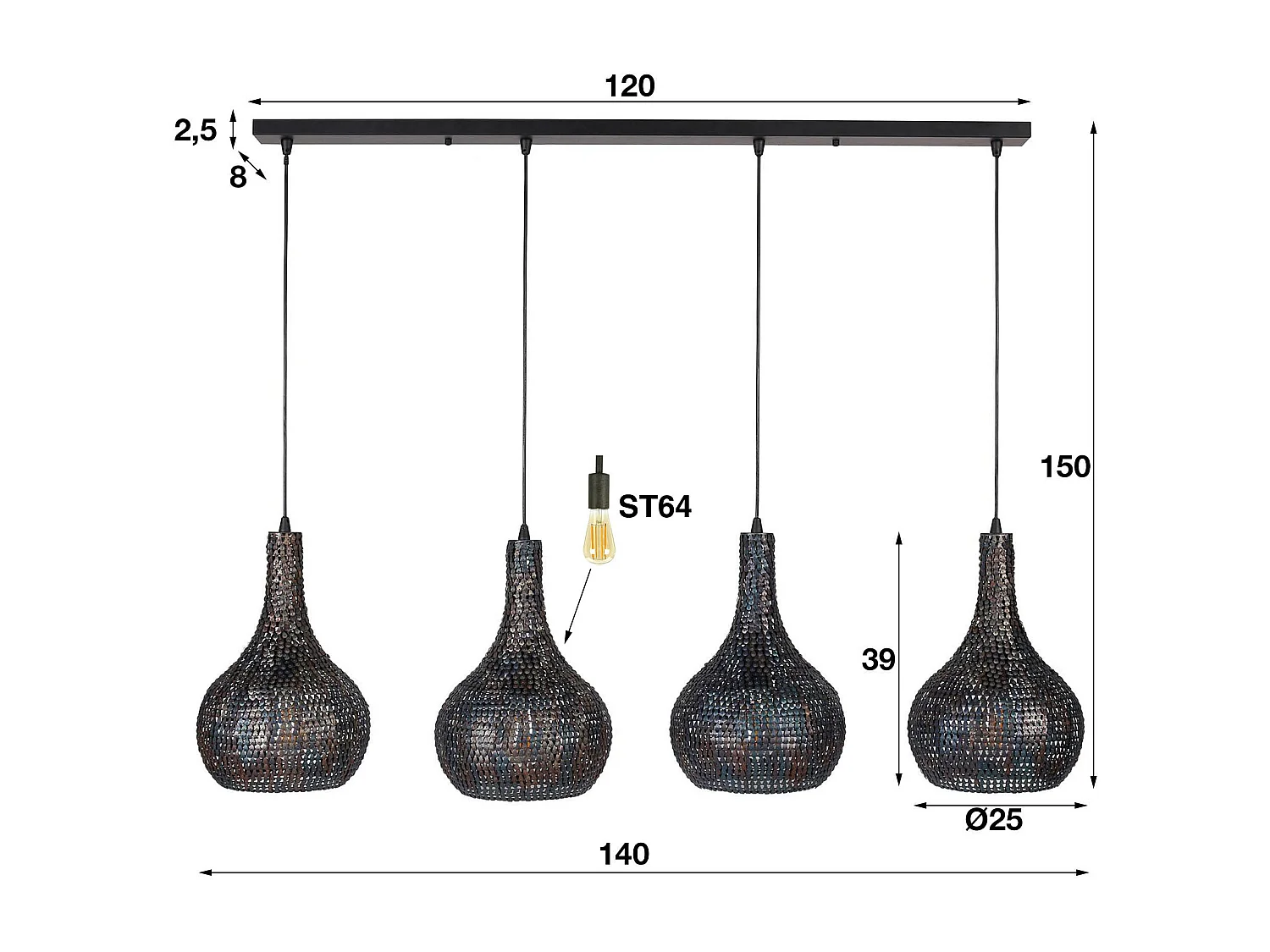 Suspension - 4 suspensions coniques en métal - Armure - Finition brûlée