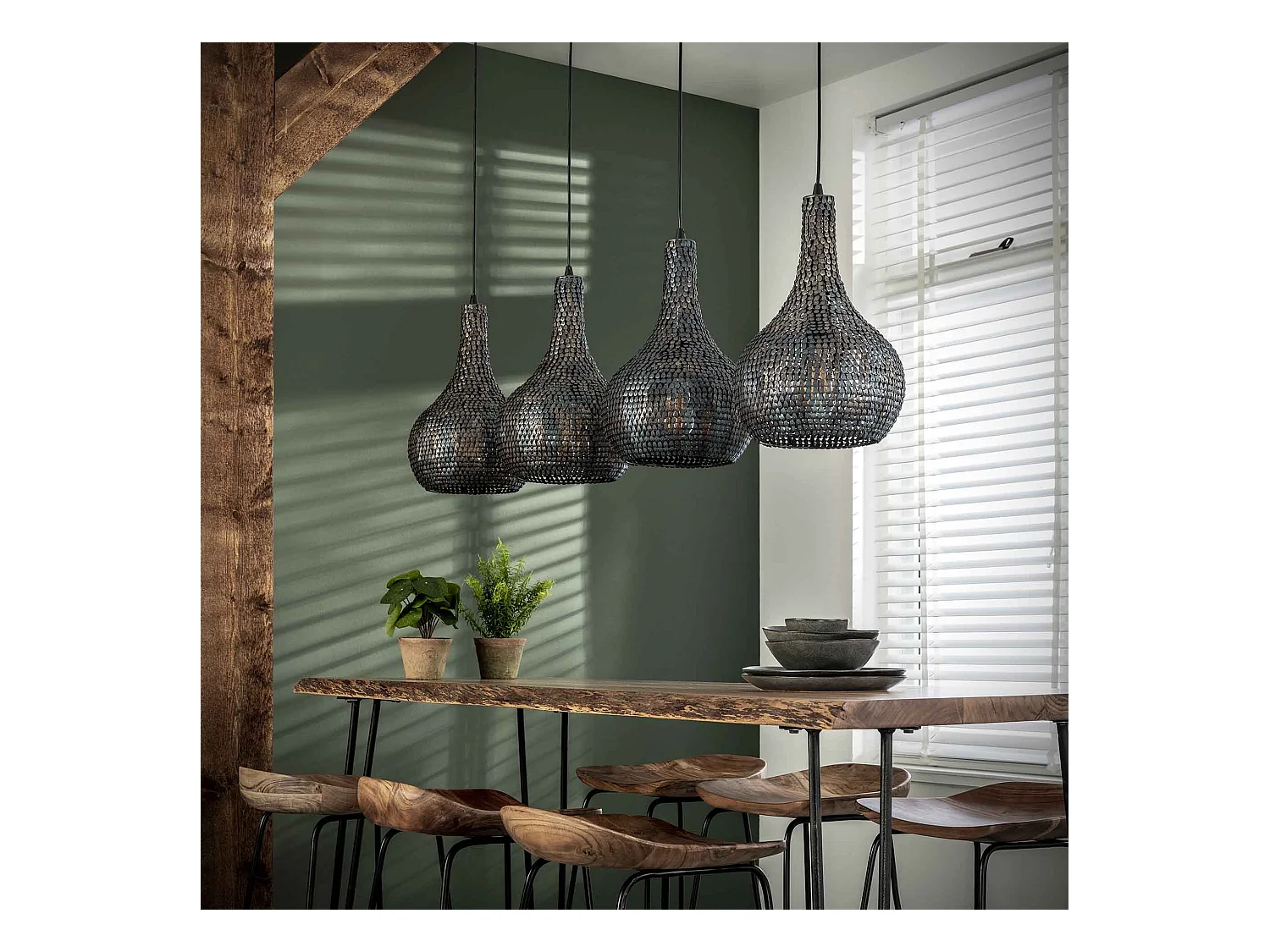 Pendelleuchte - 4 konische Pendelleuchten aus Metall - Armor - Gebranntes Finish