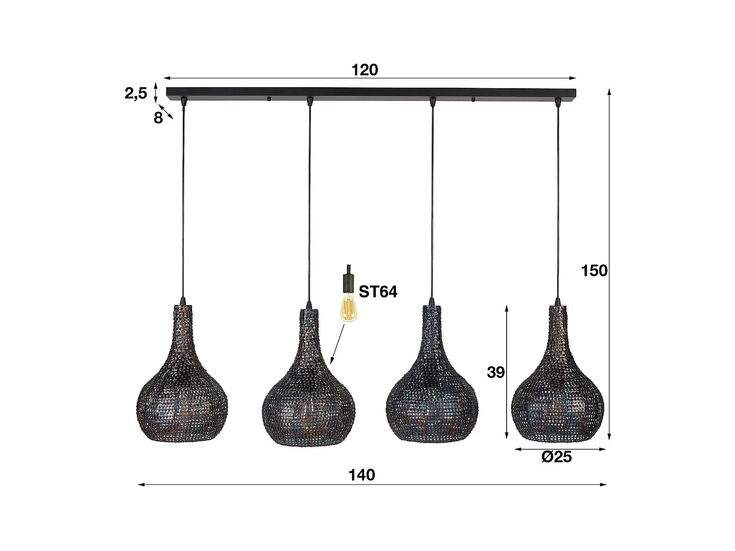Pendelleuchte - 4 konische Pendelleuchten aus Metall - Armor - Gebranntes Finish