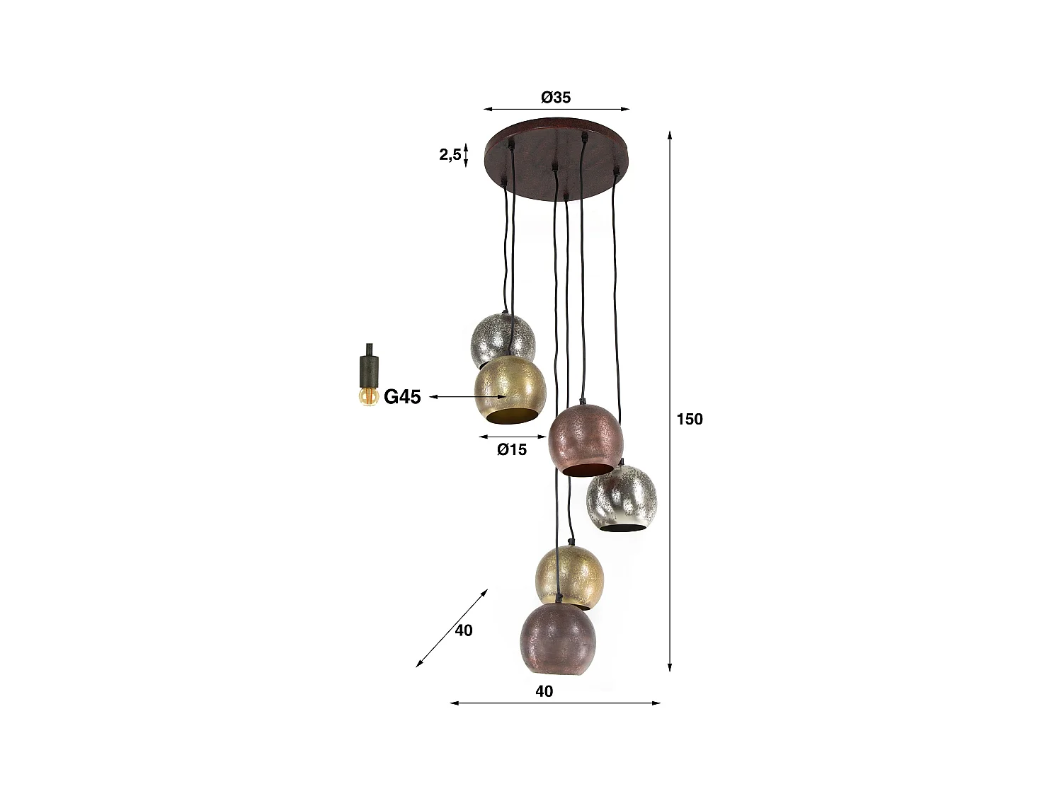 Suspension 6x Boules Métalliques à Étages - Nickel Mat Mix Couleur