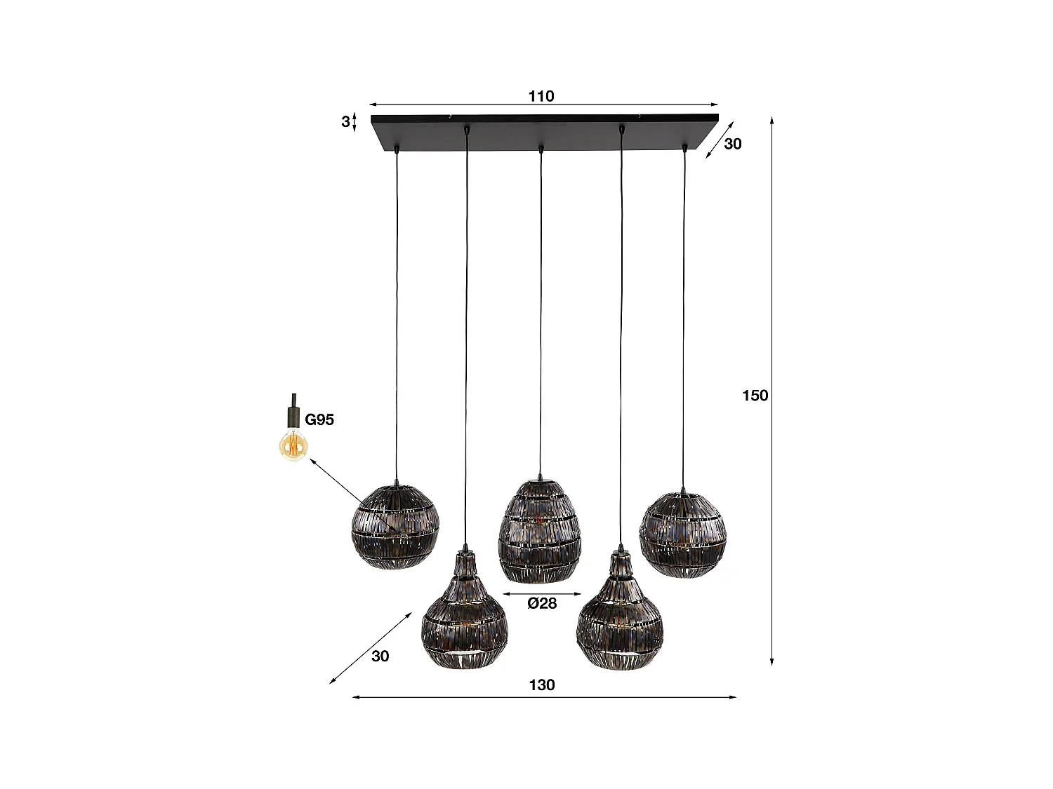 Hanglamp 5L Strip Multi Shade - Zwart Bruin