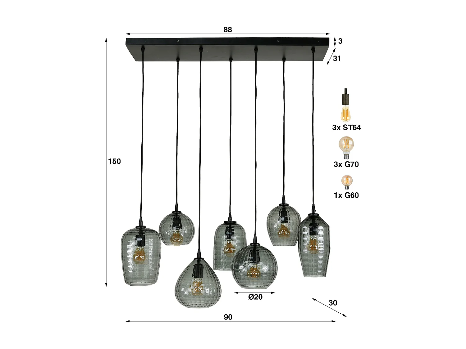Suspension 4+3 Hexagon Mix - Verre gris fumé