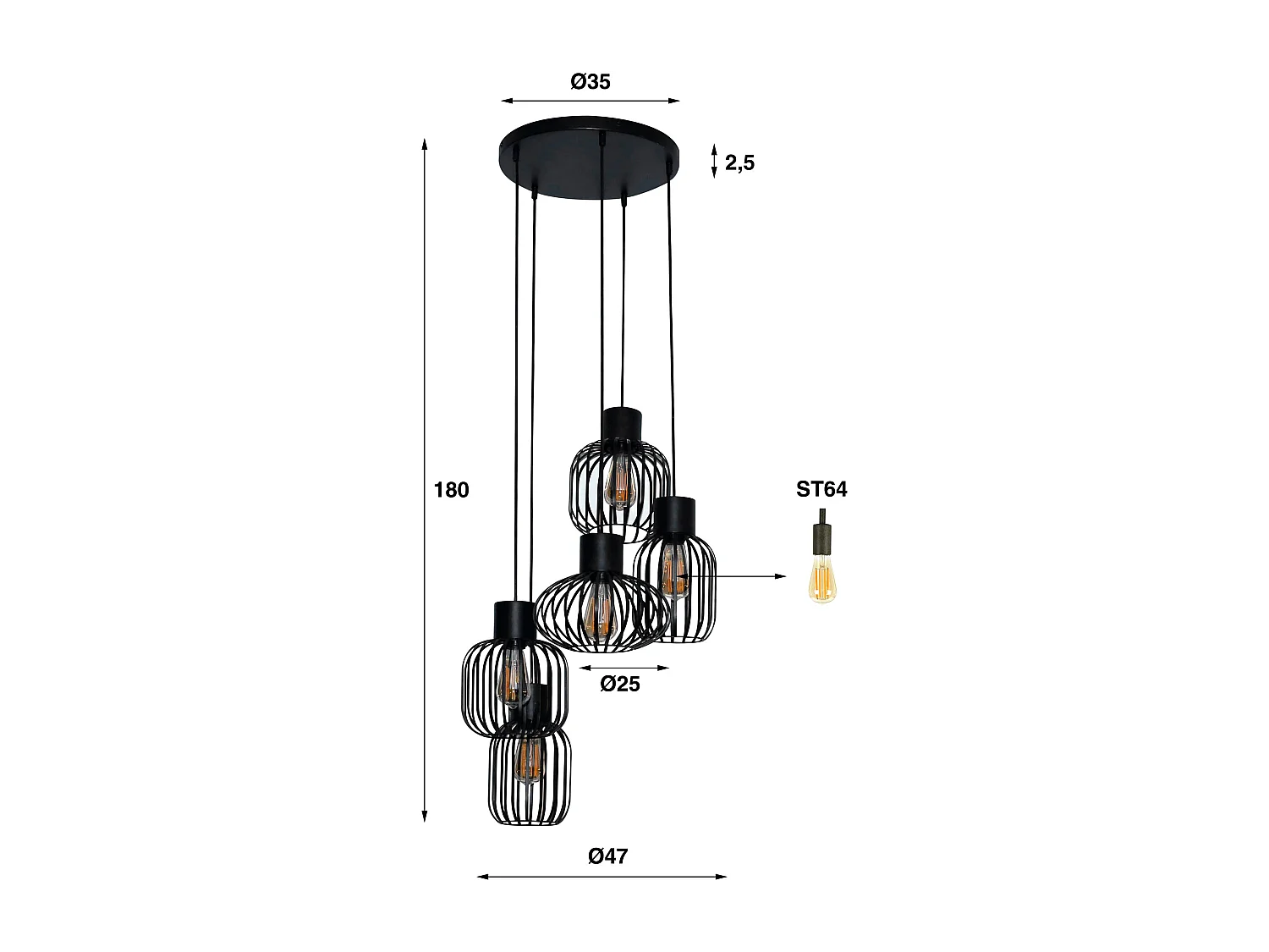 Hanglamp 5L Mix - Getrapt - Metal - Donkergrijs
