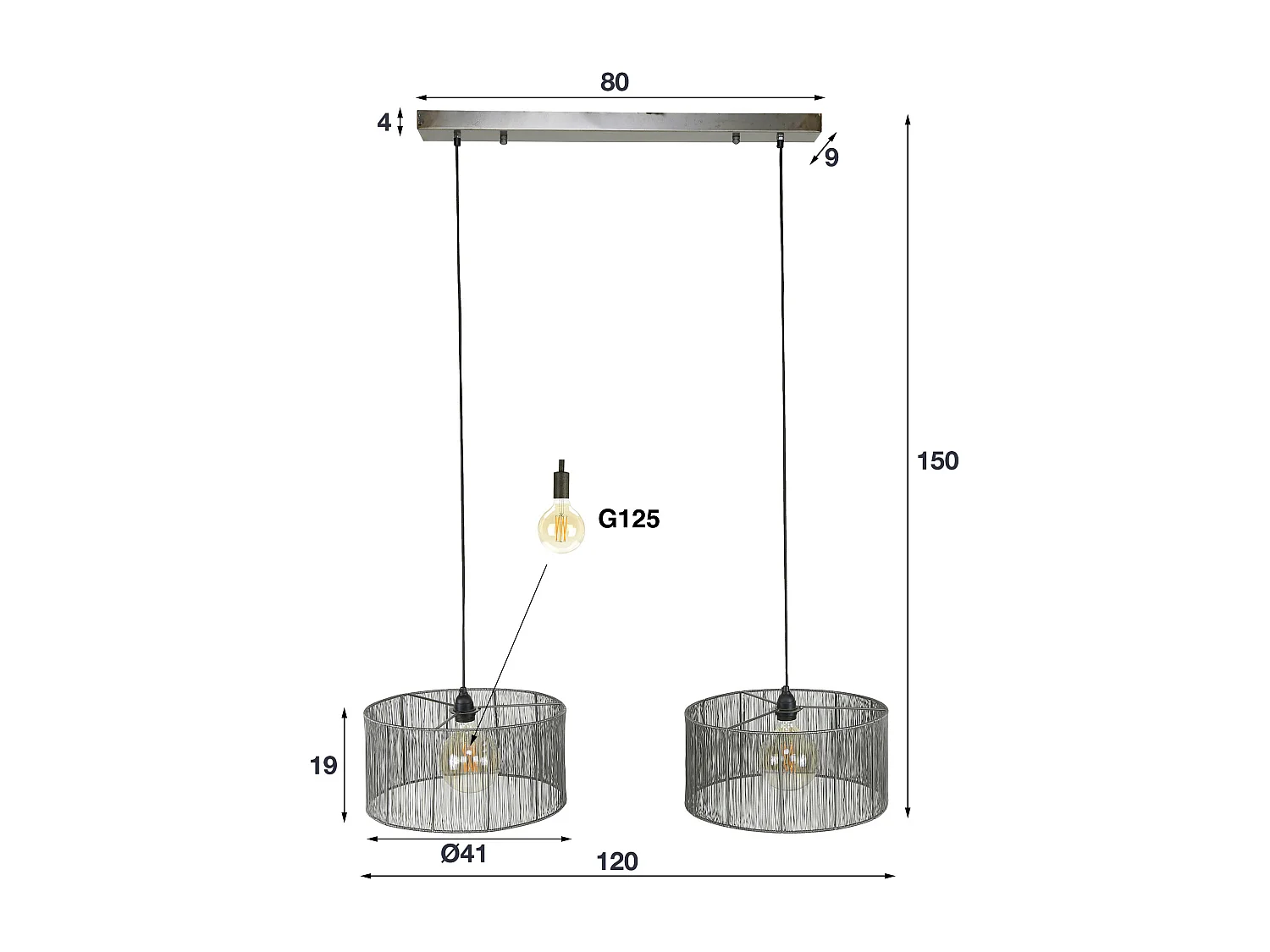 Hanglamp 2L Stringshade - Metaal - Zwart Nikkel - 120x45x150