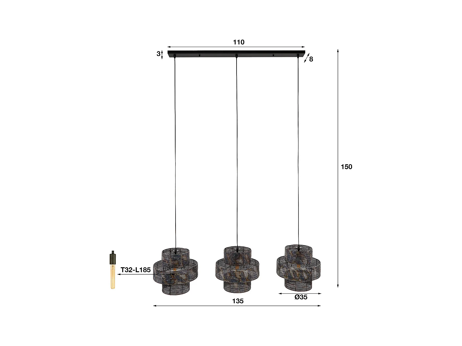 Hängelampe 3L Laterne - Schwarz Braun