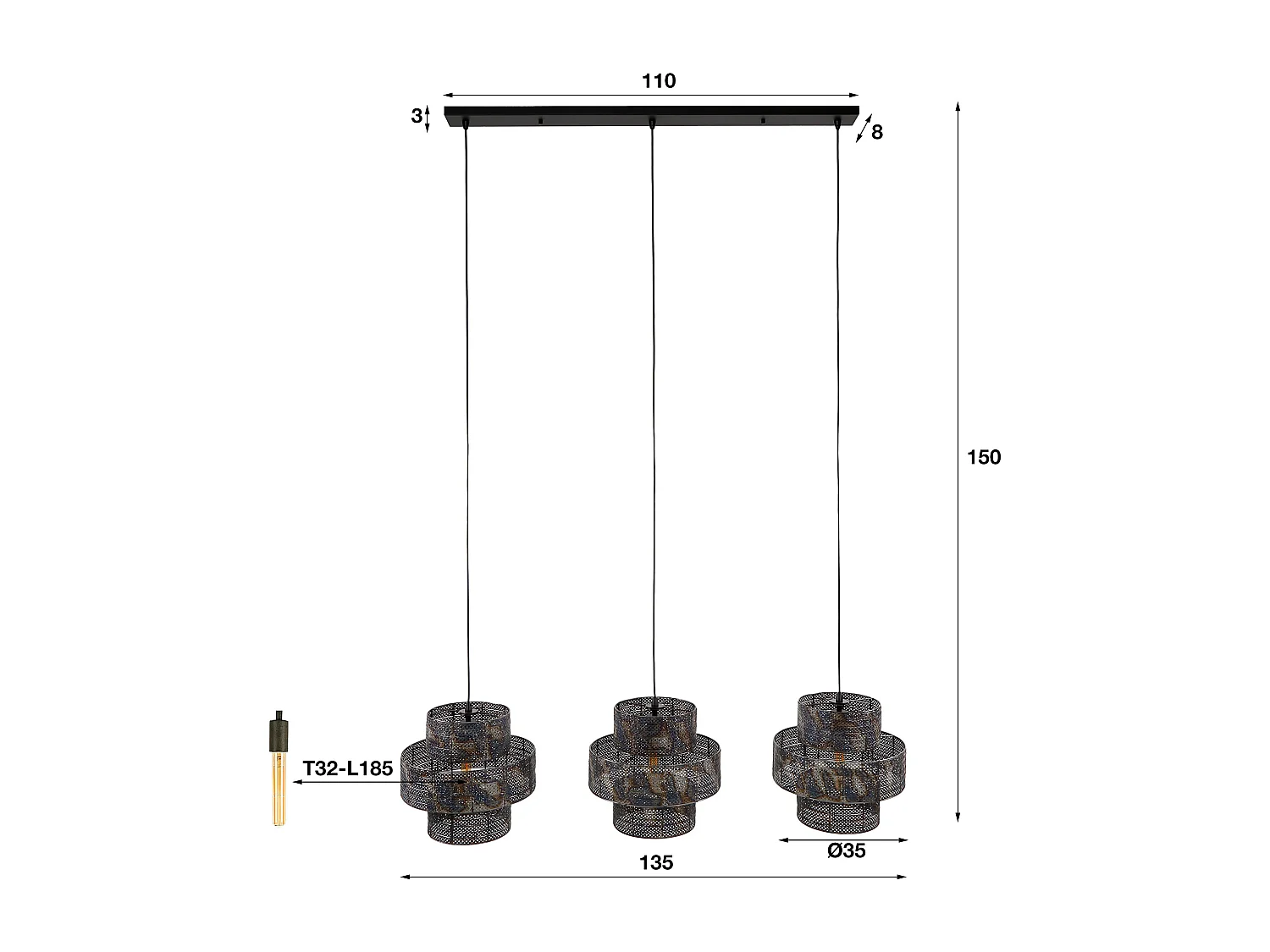 Suspension Lanterne 3L - Noir Marron