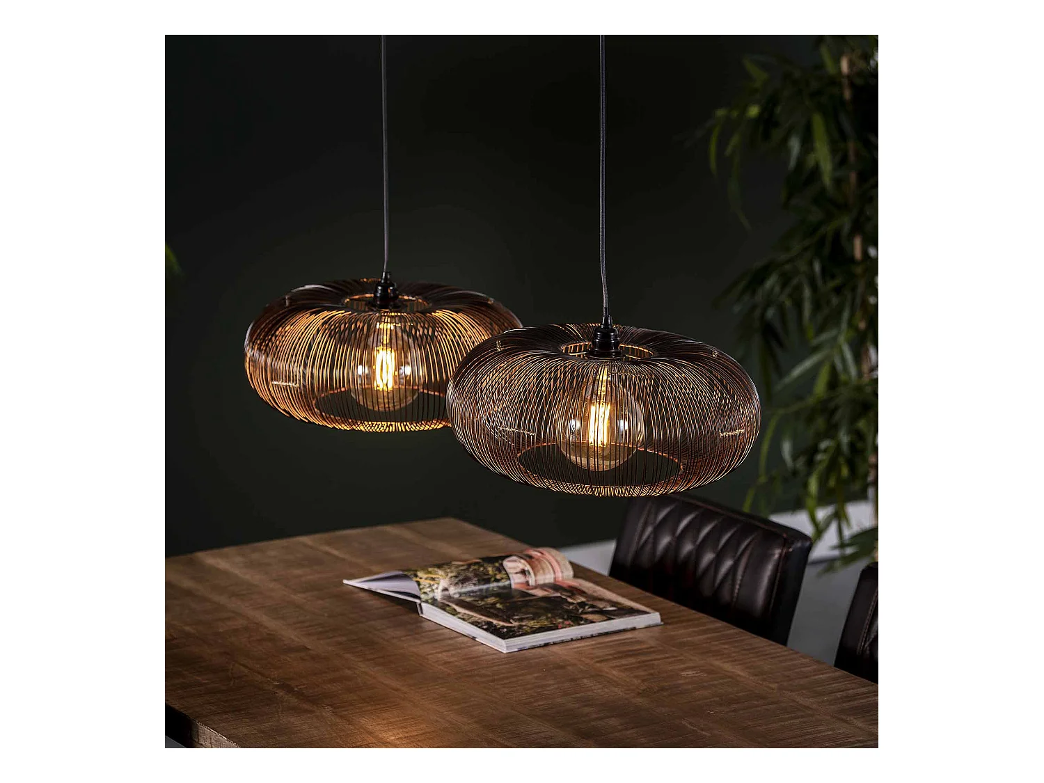 Suspension 2 lampes - Couleur cuivre - 150 cm - Forme disque Ø 43 cm