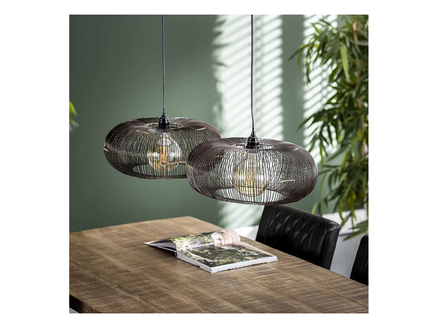 Suspension 2 lampes - Couleur cuivre - 150 cm - Forme disque Ø 43 cm