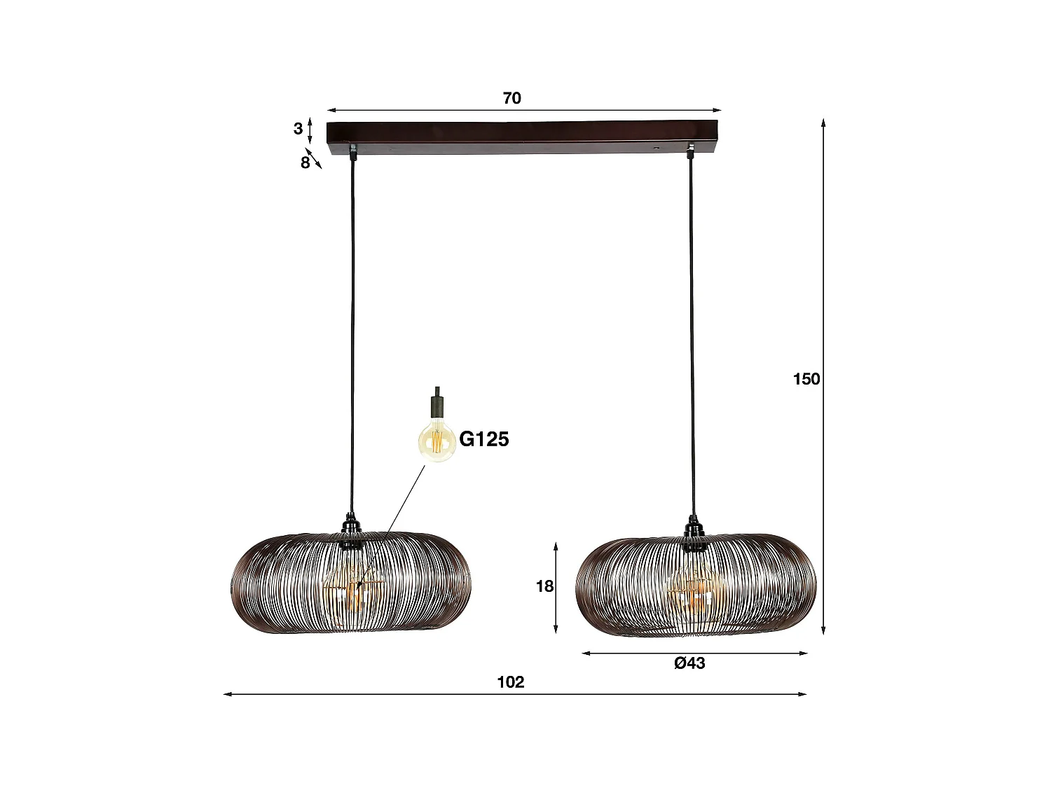 Suspension 2 lampes - Couleur cuivre - 150 cm - Forme disque Ø 43 cm