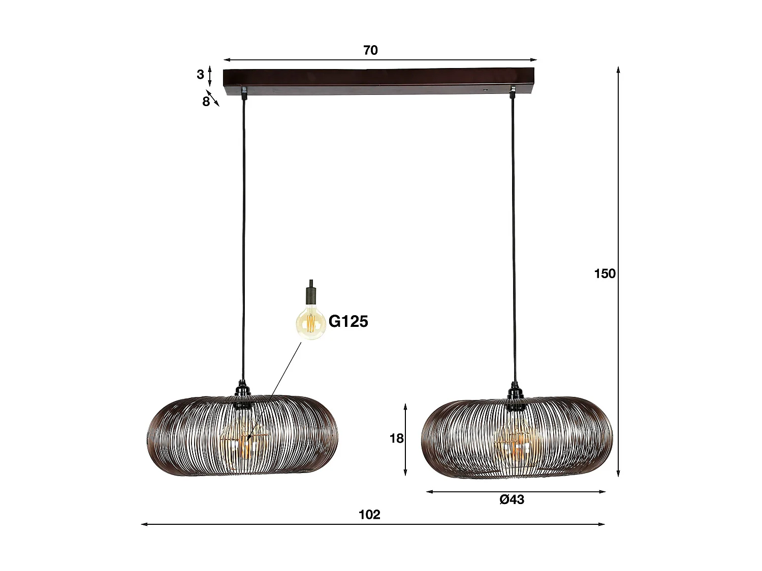 Hanglamp met 2 lampen - Koper kleurig - 150cm - Disk vorm Ø43