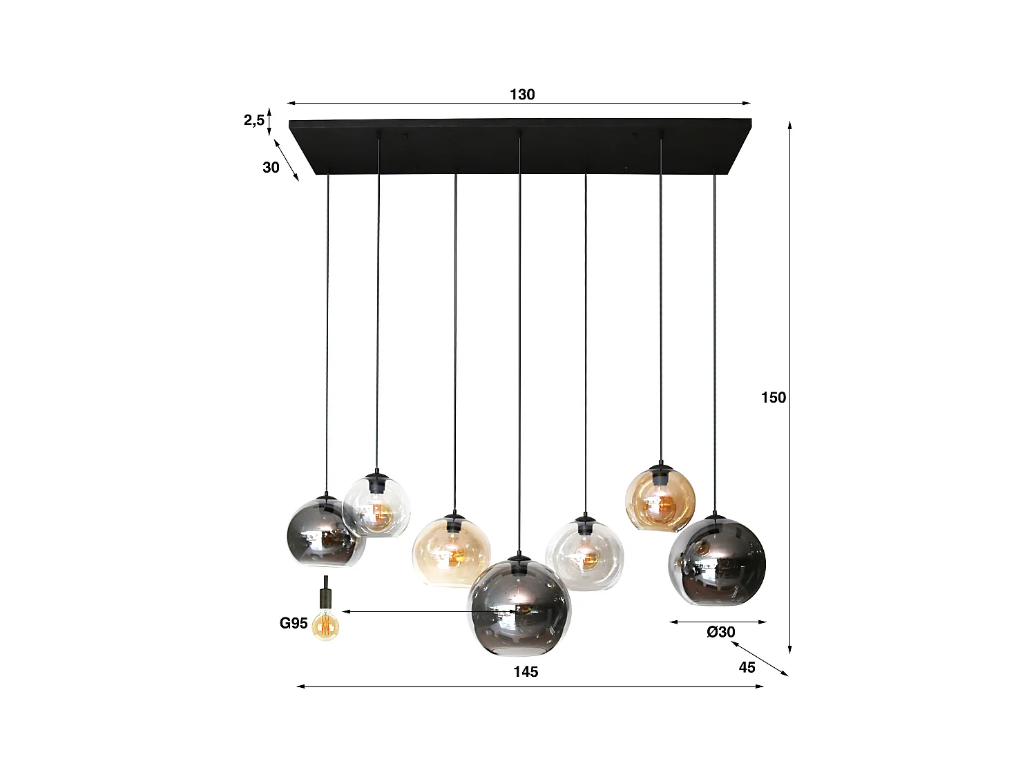Suspension 4+3 Multi Globe XL - 7 points lumineux - Noir arctique