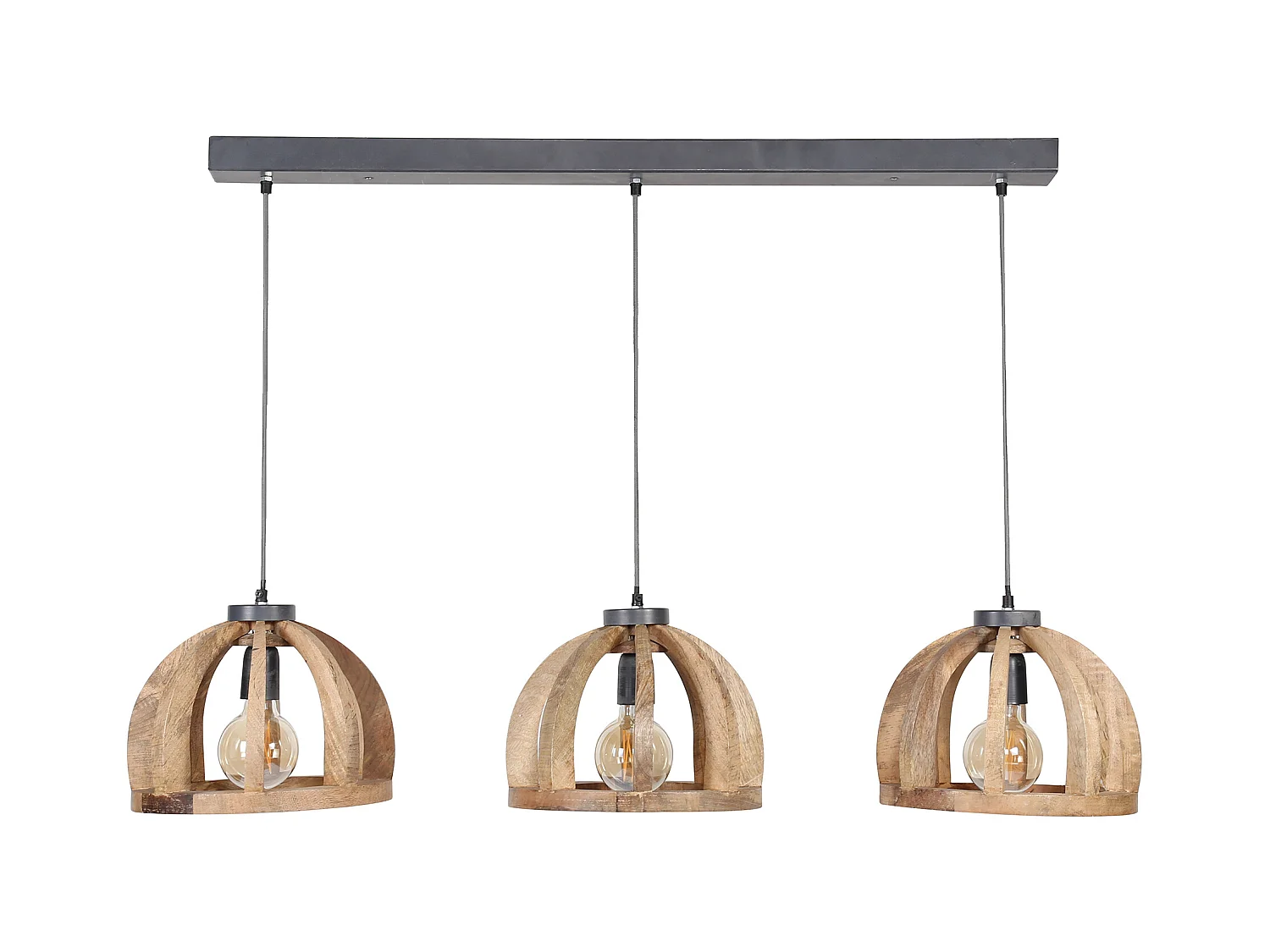 Pendelleuchte aus natürlichem Mangoholz - 3 Lampen - Gebogene Holzstäbe Ø30