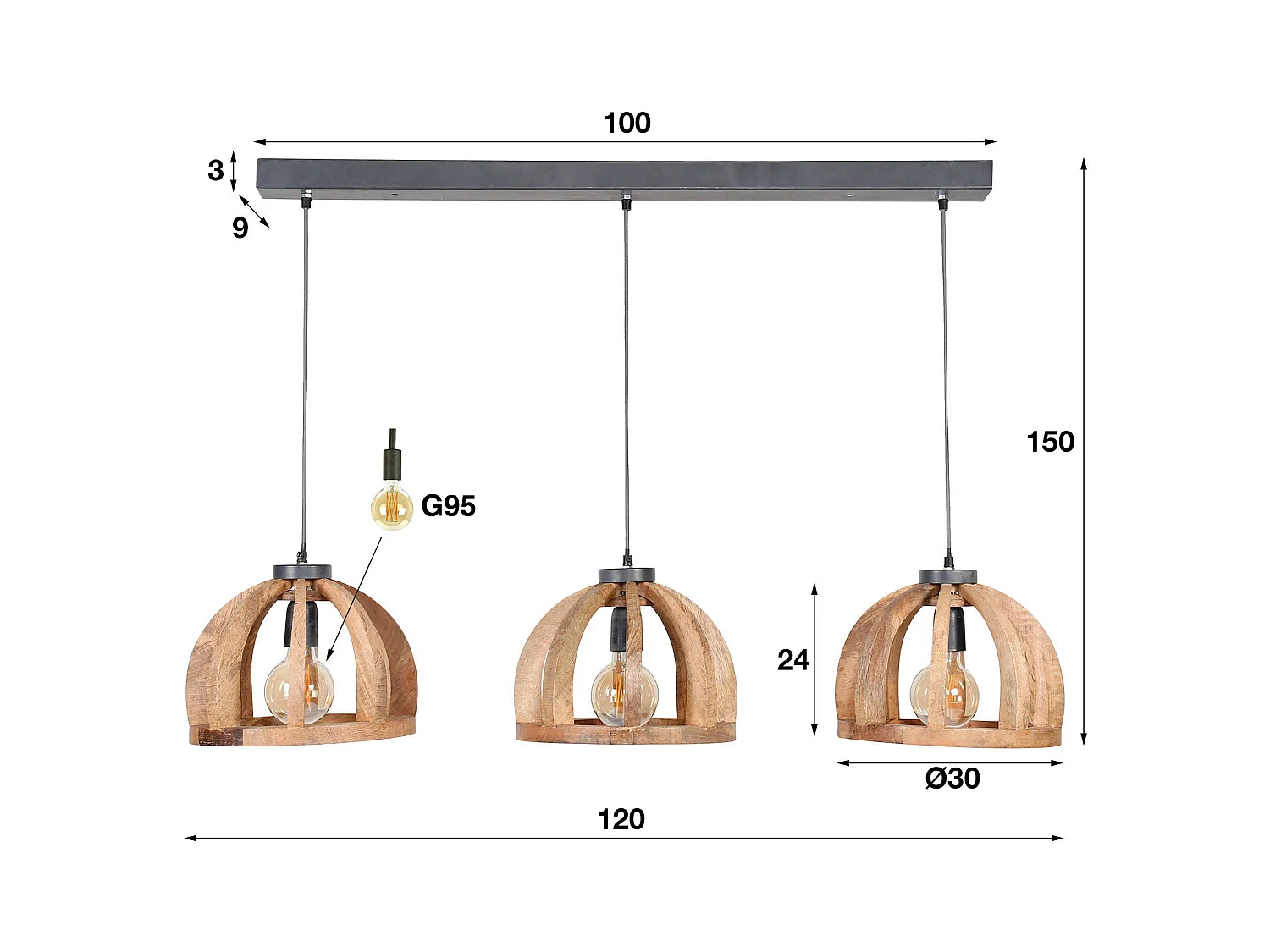 Pendelleuchte aus natürlichem Mangoholz - 3 Lampen - Gebogene Holzstäbe Ø30