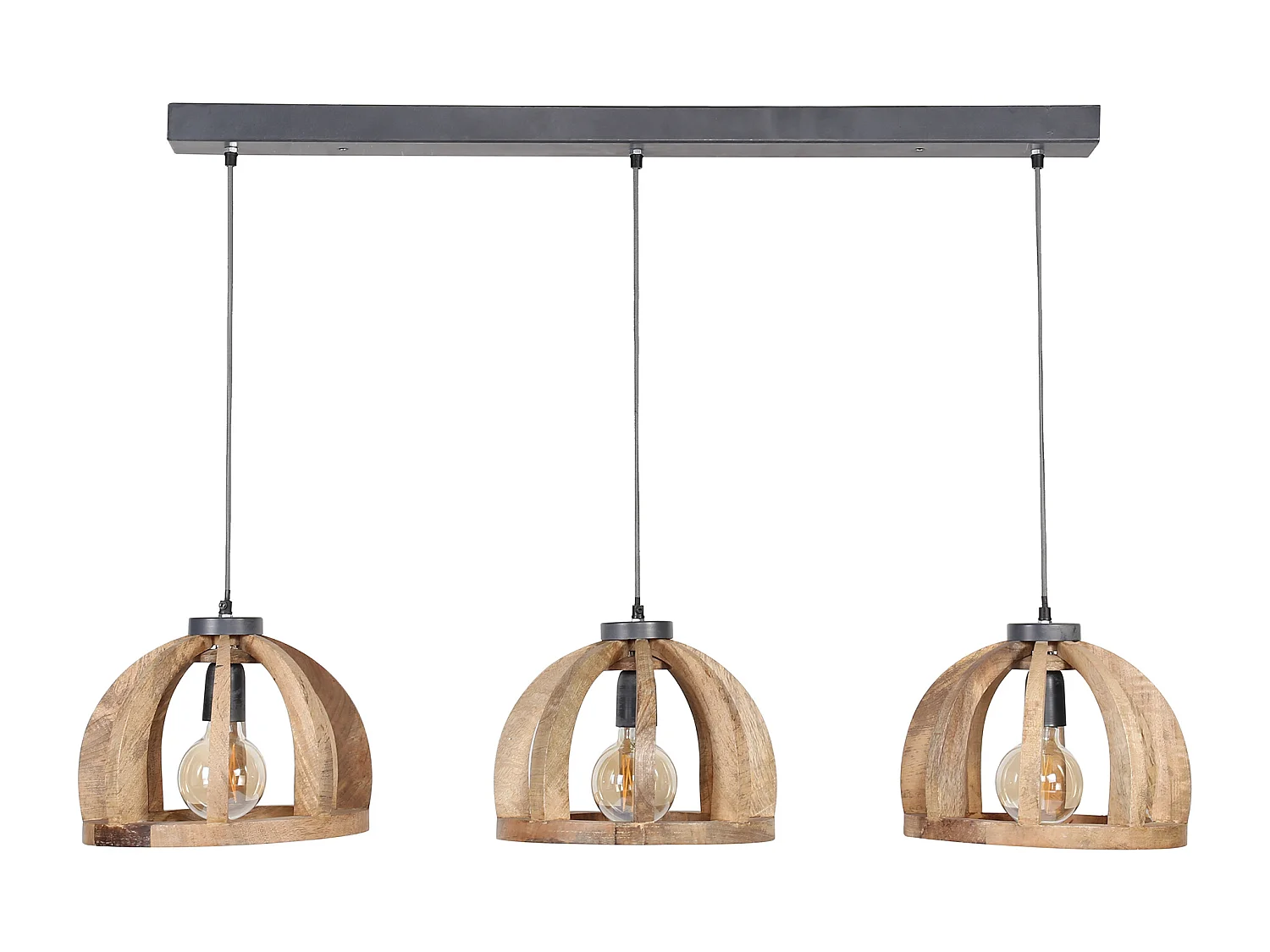 Pendelleuchte aus natürlichem Mangoholz - 3 Lampen - Gebogene Holzstäbe Ø30