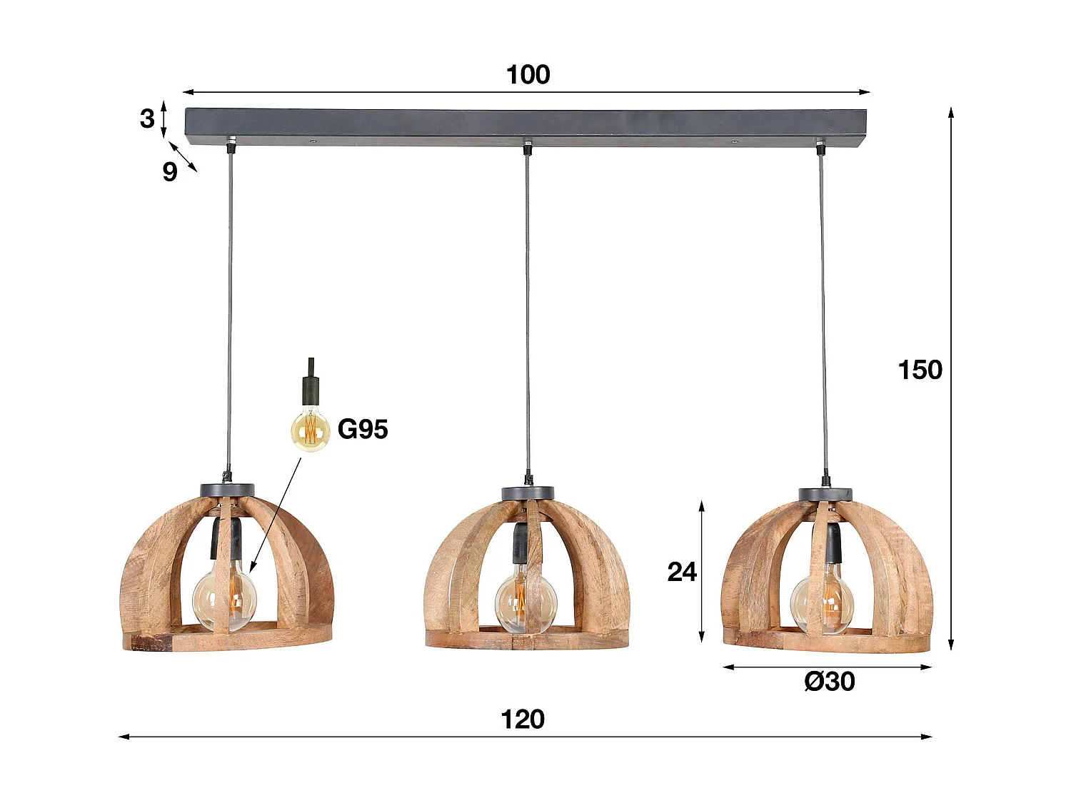 Pendelleuchte aus natürlichem Mangoholz - 3 Lampen - Gebogene Holzstäbe Ø30