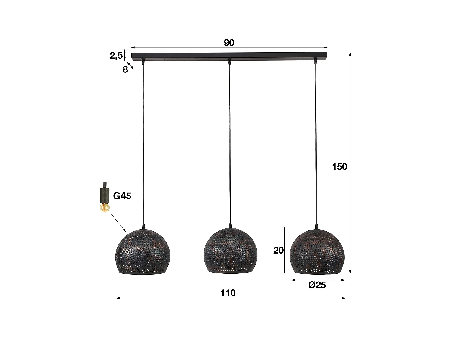 Lámpara colgante - 3xØ25 Lámparas colgantes semicirculares de metal - Transparente