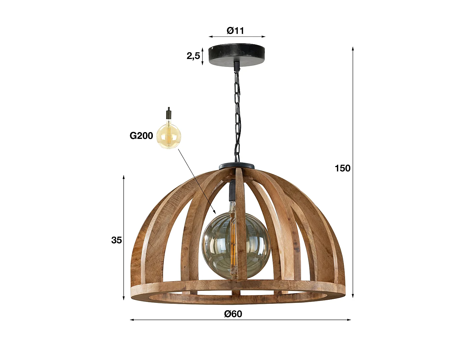 Suspension - Barres de bois courbées Ø60 - Manguier naturel