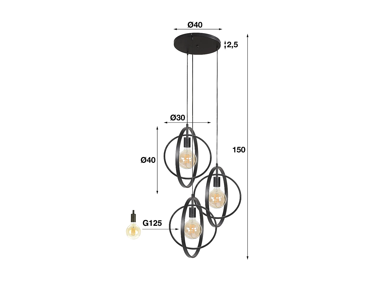 Hanglamp met 3 Lampen - Turn Around - Zwart - Industrieel