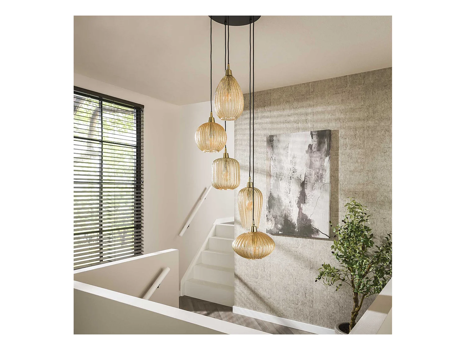 Pendelleuchte 5L V-Form Muster abgestuft - Bernstein Glas