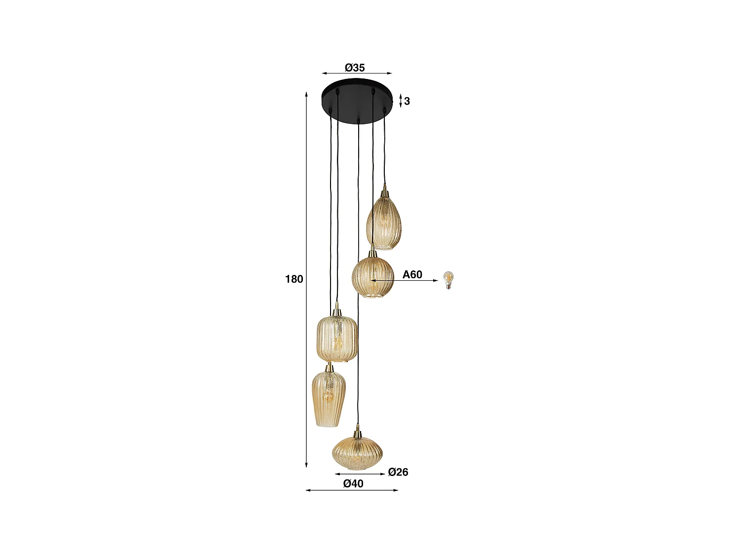 Pendelleuchte 5L V-Form Muster abgestuft - Bernstein Glas