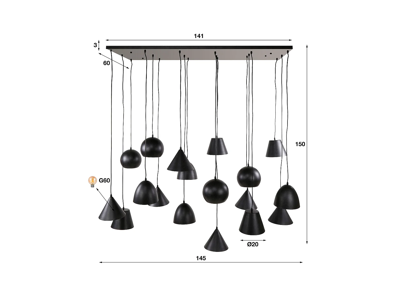 Suspension 18L XXL Abat-jour Métal - Noir Artic