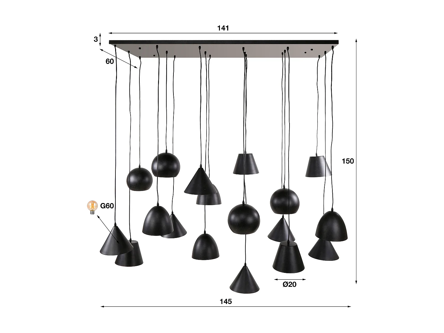 Lámpara colgante XXL de 18 l con pantalla metálica - Negro Ártico