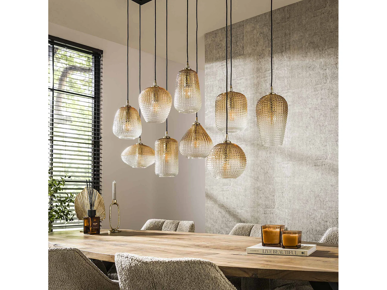 Pendelleuchte 5+4 Punktmuster - Bernsteinglas