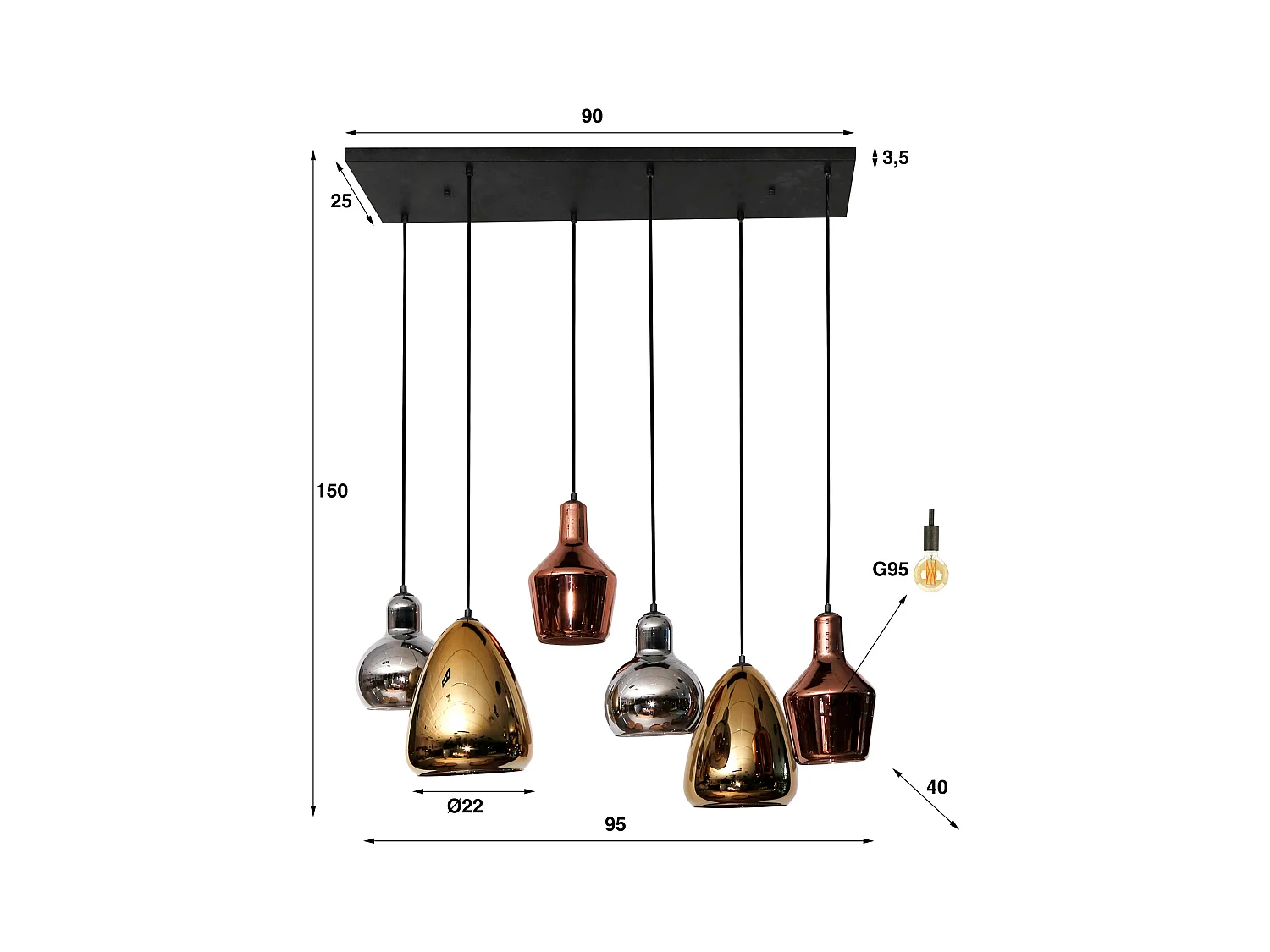 Pendelleuchte 3+3 Mix - Glas Tricolore - Arktisschwarz
