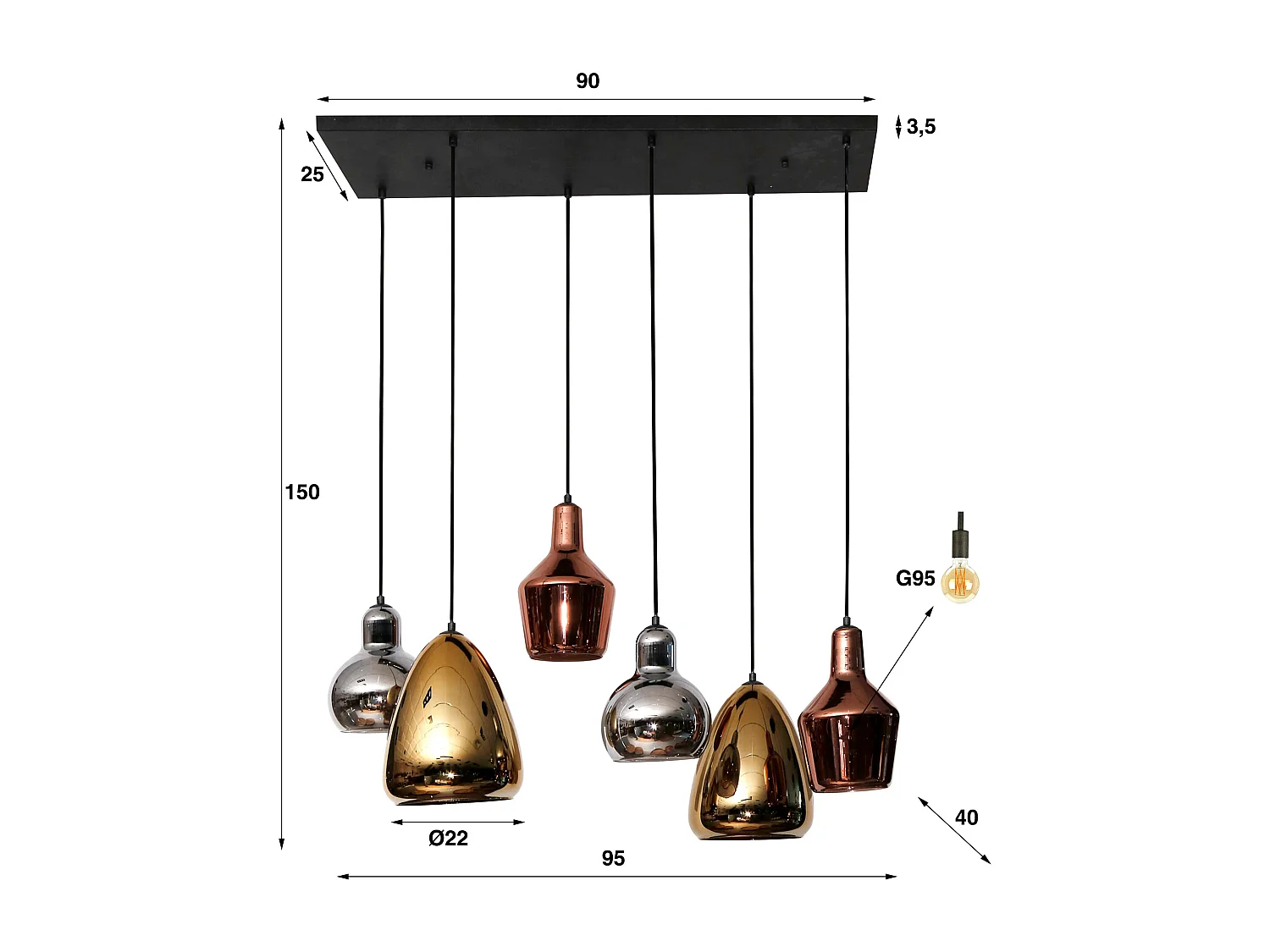 Hanglamp 3+3 Mix - Glass Tricolore - Artic zwart