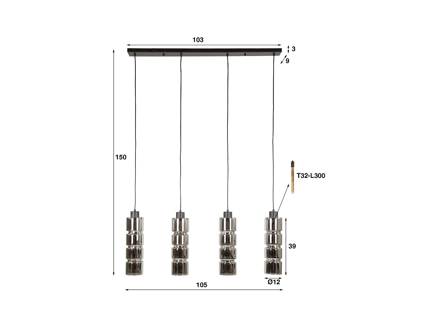 Suspension 4L Cylindre Verre - Noir Artic