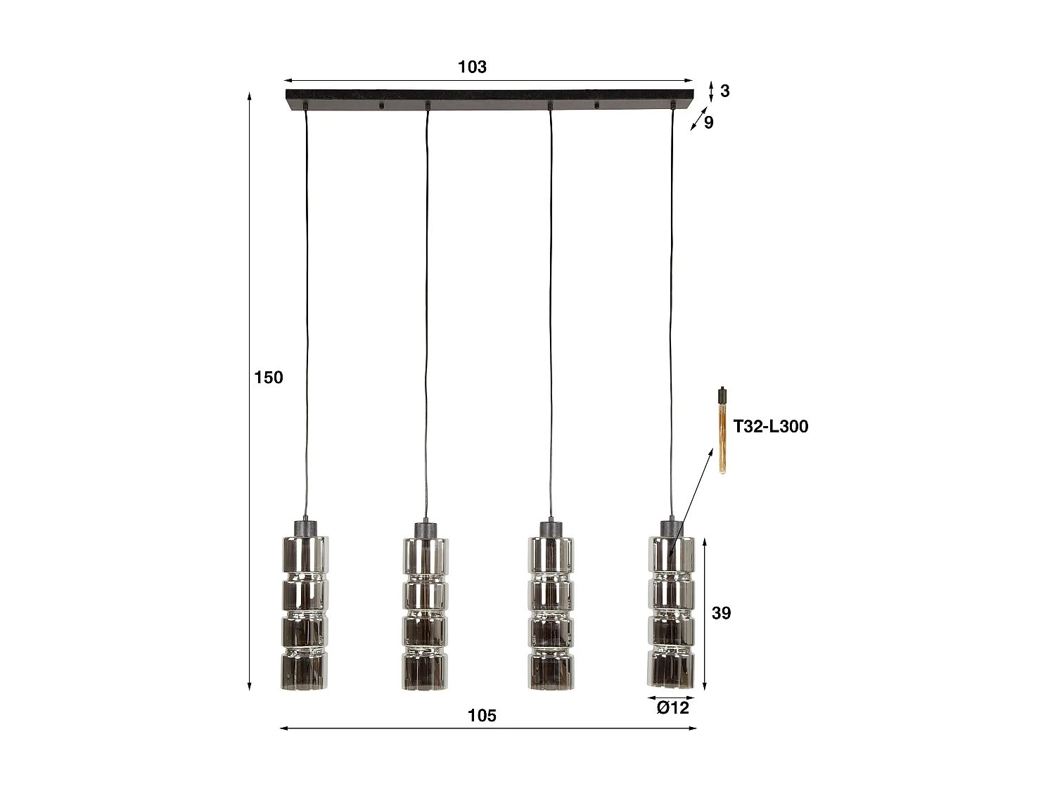 Hanglamp 4L Cylinder Glas - Artic Zwart