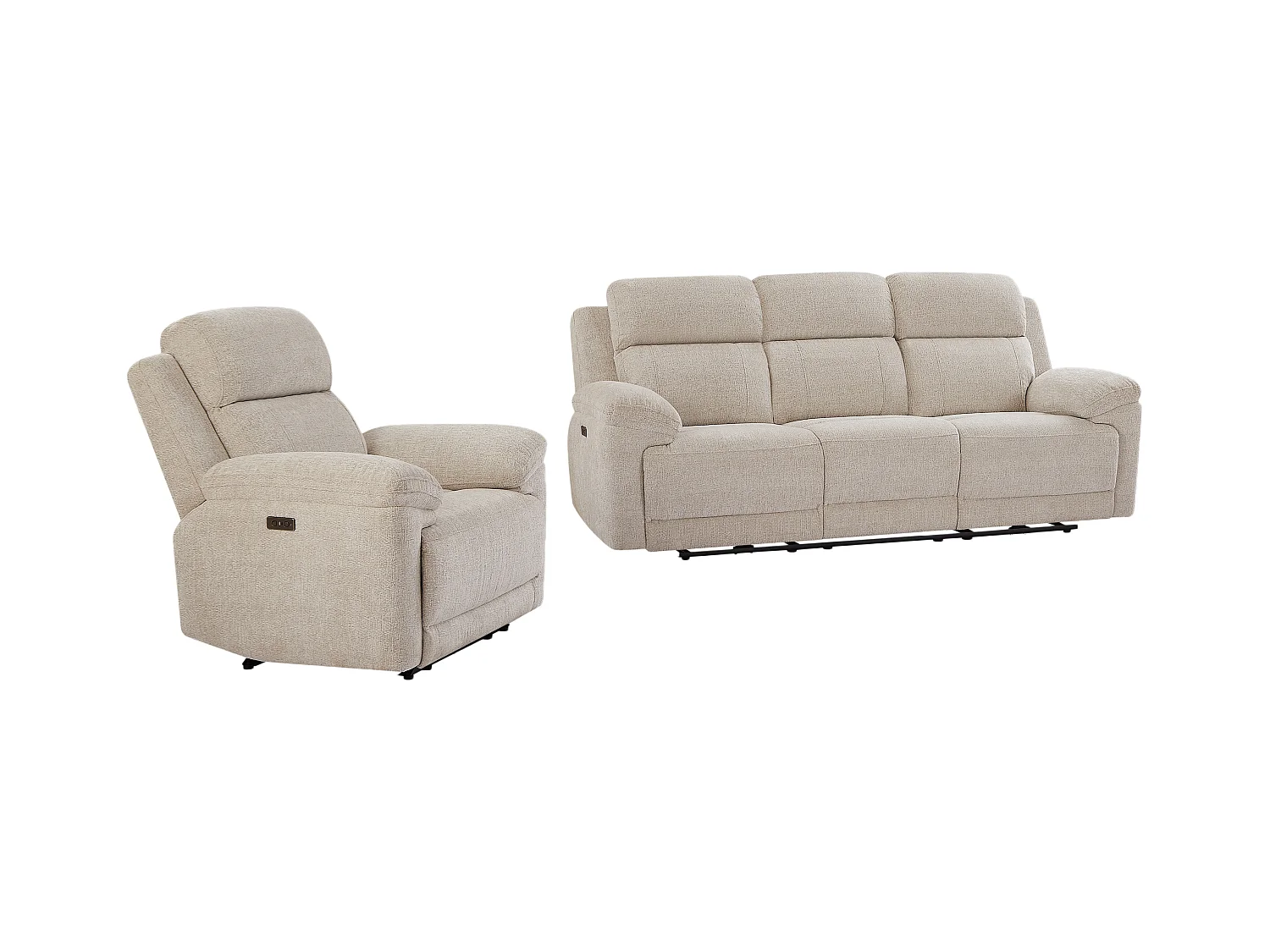 Canapé 3 places et fauteuil relax électrique en tissu chiné beige KELUNO