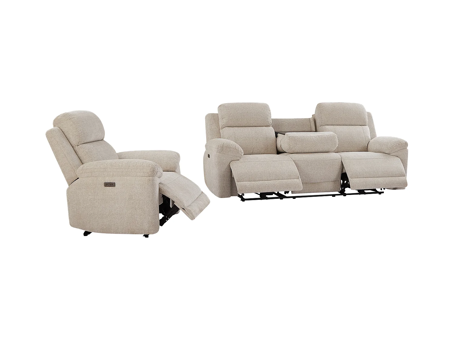 Canapé 3 places et fauteuil relax électrique en tissu chiné beige KELUNO