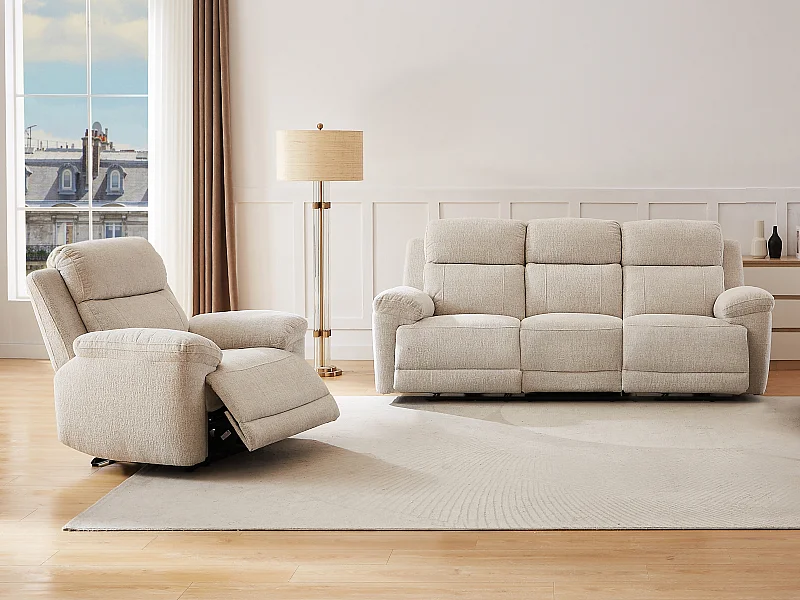 Canapé 3 places et fauteuil relax électrique en tissu chiné beige KELUNO