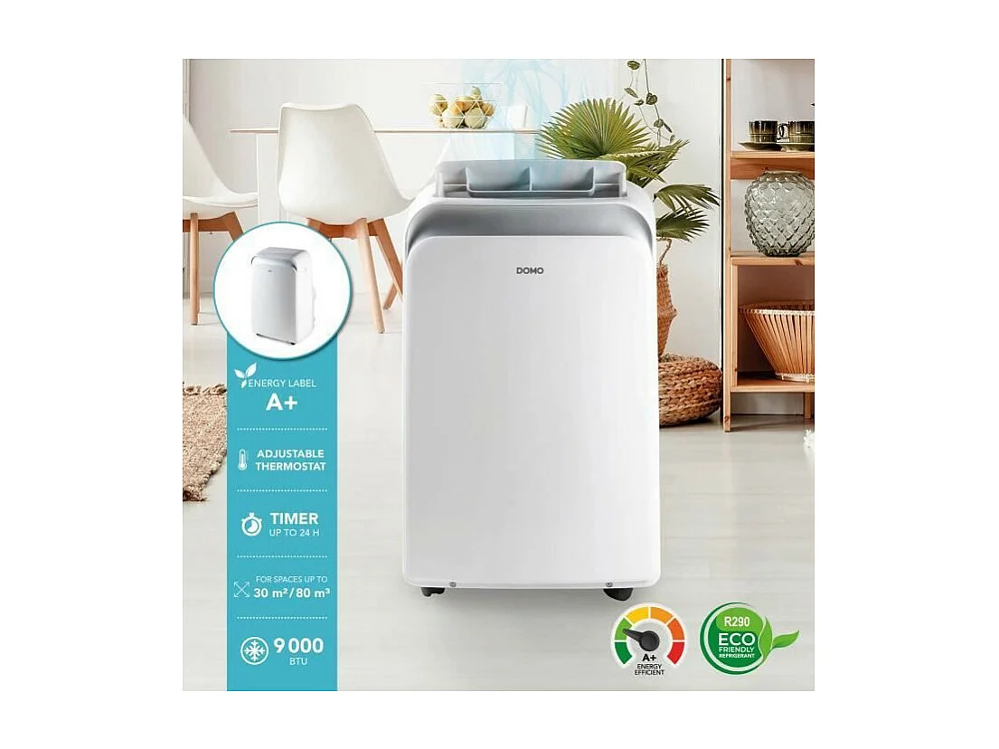 Climatiseur mobile - DOMO - 9000BTU - 1020 W - Refroidissement - Ventilation - Déshumidificateur - Classe énergétique A+