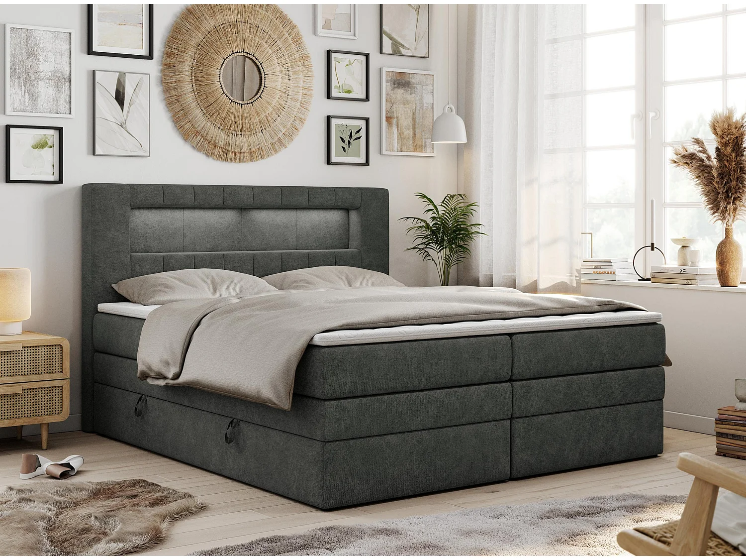 Boxspringbett GOLD 5 KING mit Stauraum, zwei Bettkästen, LED-Beleuchtung, Multipocket-Matratze - 140x200 cm - H4 - Dunkelgrau Strukture