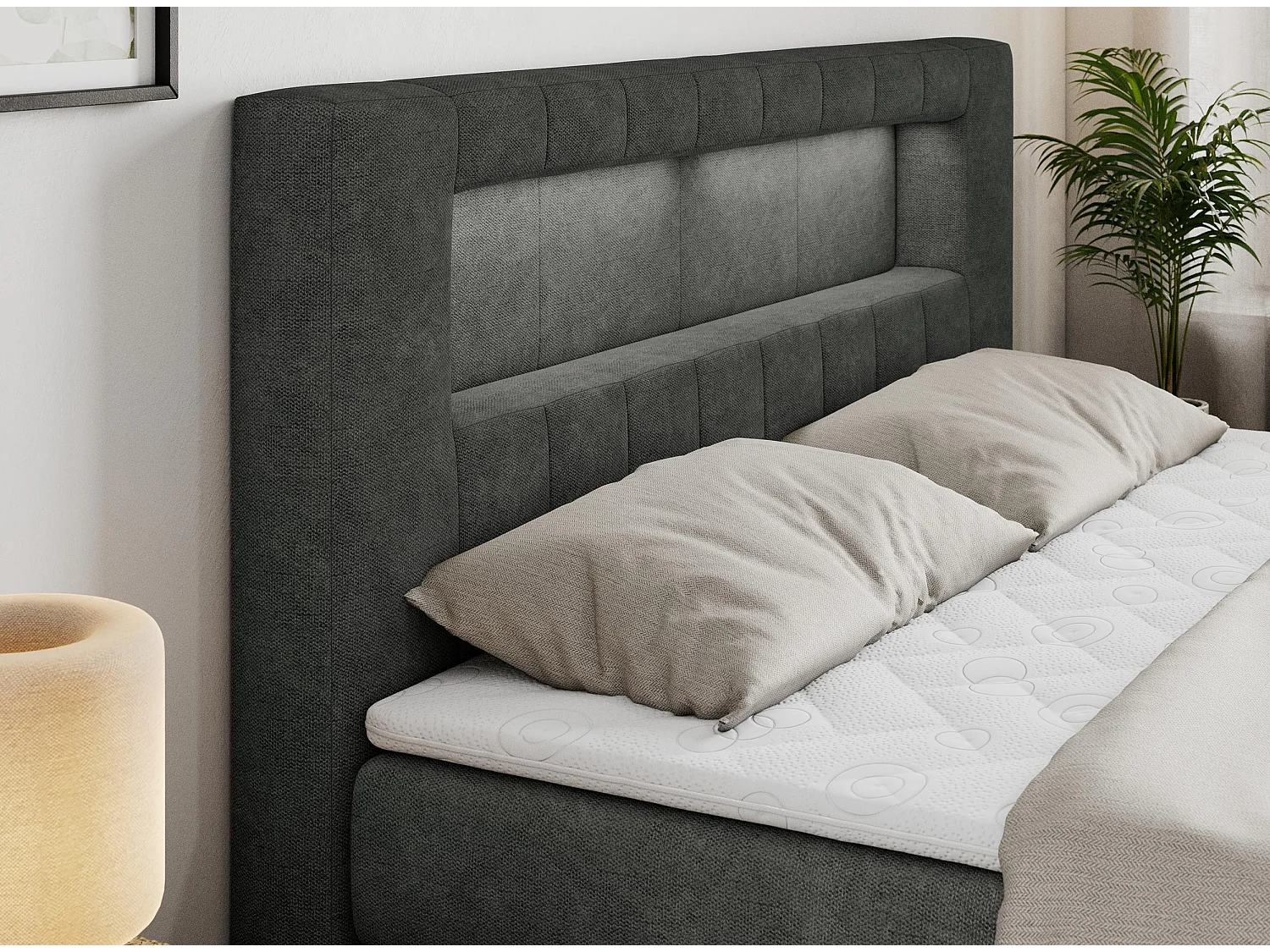 Boxspringbett GOLD 5 KING mit Stauraum, zwei Bettkästen, LED-Beleuchtung, Multipocket-Matratze - 140x200 cm - H4 - Dunkelgrau Strukture