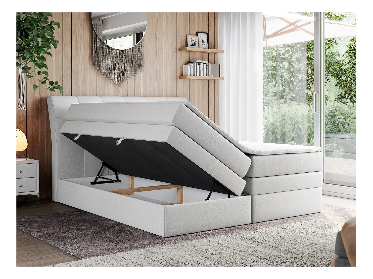 Boxspringbett GOLD 10 KING mit genähtes Kopfteil und Stauraum, zwei Multipocket-Matratze - 140x200 cm - H3 - Weiß Kunstleder