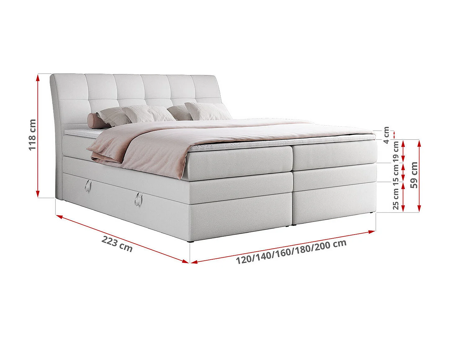 Boxspringbett GOLD 10 KING mit genähtes Kopfteil und Stauraum, zwei Multipocket-Matratze - 140x200 cm - H3 - Weiß Kunstleder